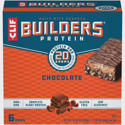 CLIF Builders Protein Bars, Gluten Free, 20g Protein, Chocolate, Cont. 6, 2.4 oz