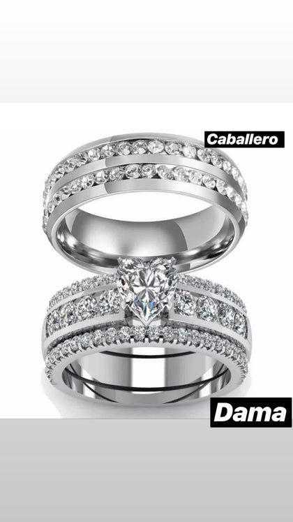 Set De Anillos Para Pareja Plateados Corazón Piedra Blanca